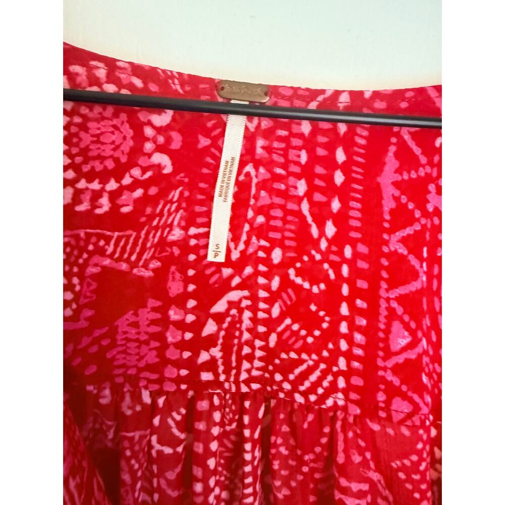 Free People Red White Faux Wrap Deep V Long Sleeve Asymmetrical Hem Tunic Size S - Picture 3 of 7